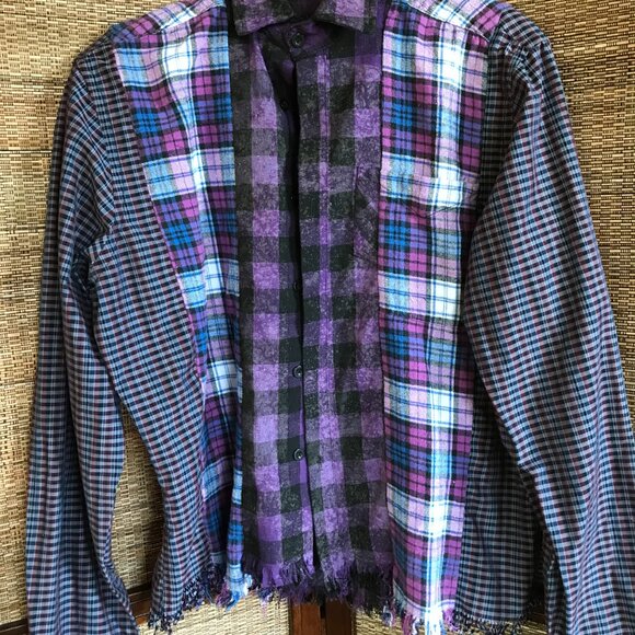Mixed Print Button-Down Shirt, M: Upcycled Artsy Color Block Purple Black Top - Picture 7 of 12